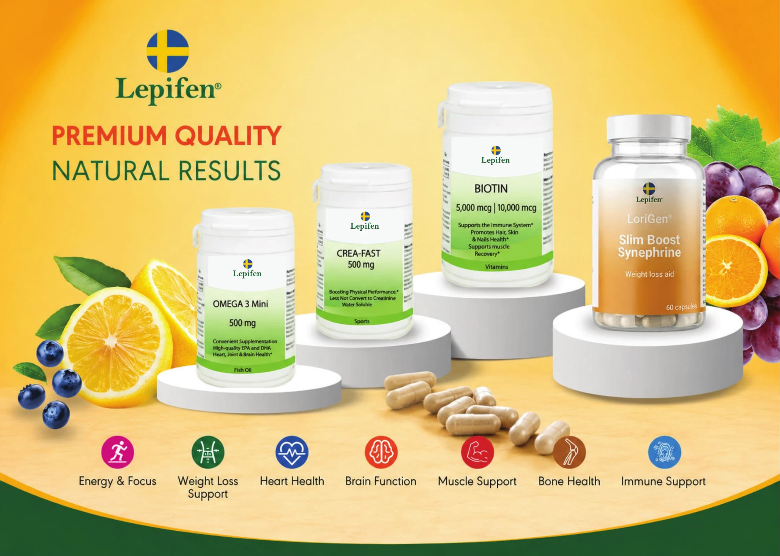 Lepifens katalogomslag med produkter inom vitaminer, sport, fiskolja och välmående